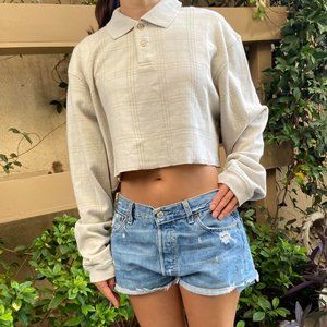 Van Heusen Window Plaid Cream & Light Khaki long sleeve cropped button Polo XL